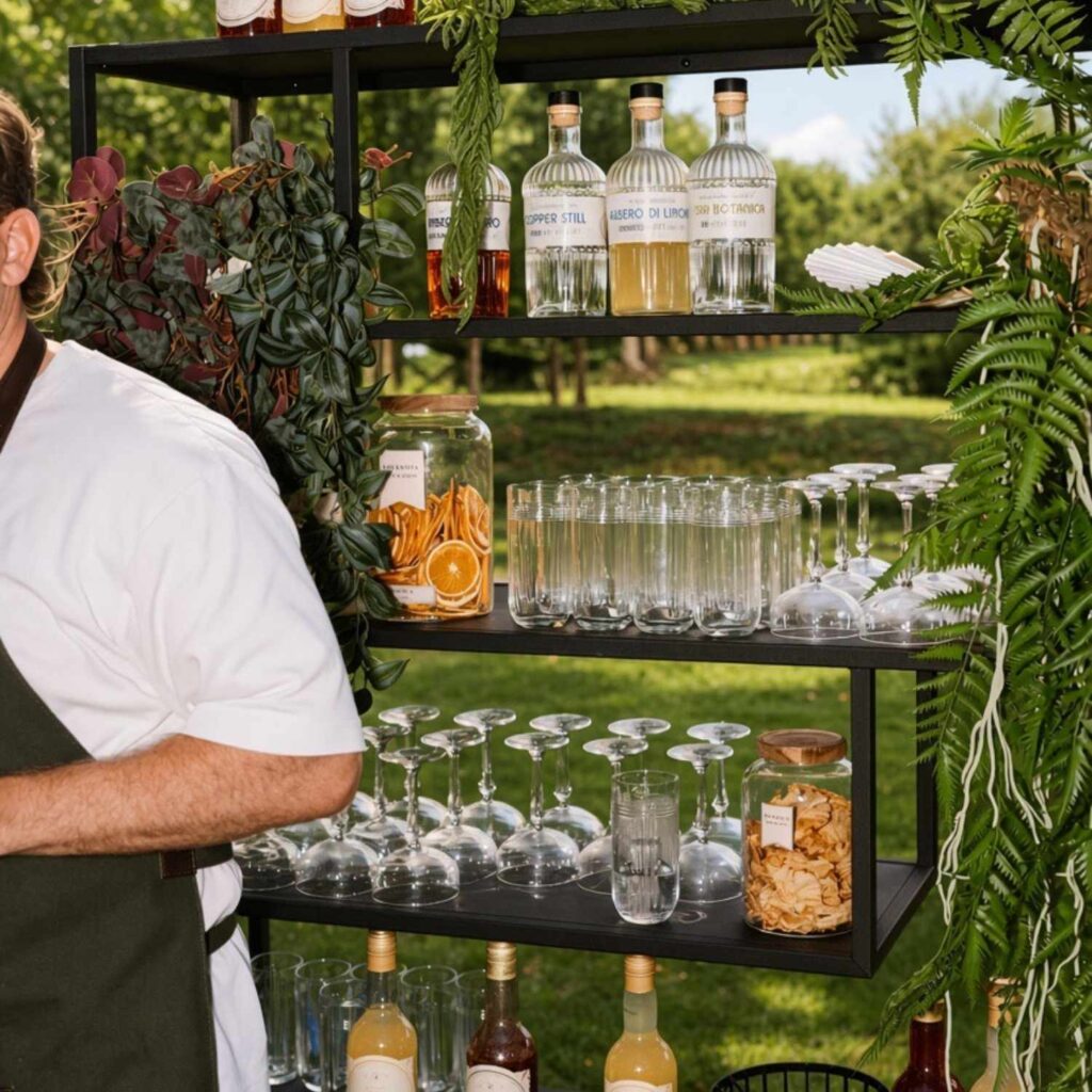 Bartender van Le Bar bij een mobiele bar met flessen, glaswerk en groene aankleding